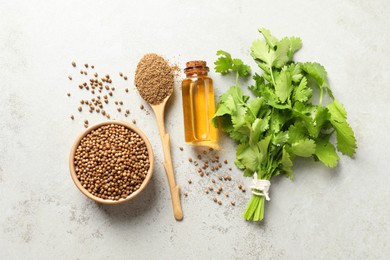 Coriander essential oil, powder, seeds and green leaves on light grey table, flat lay