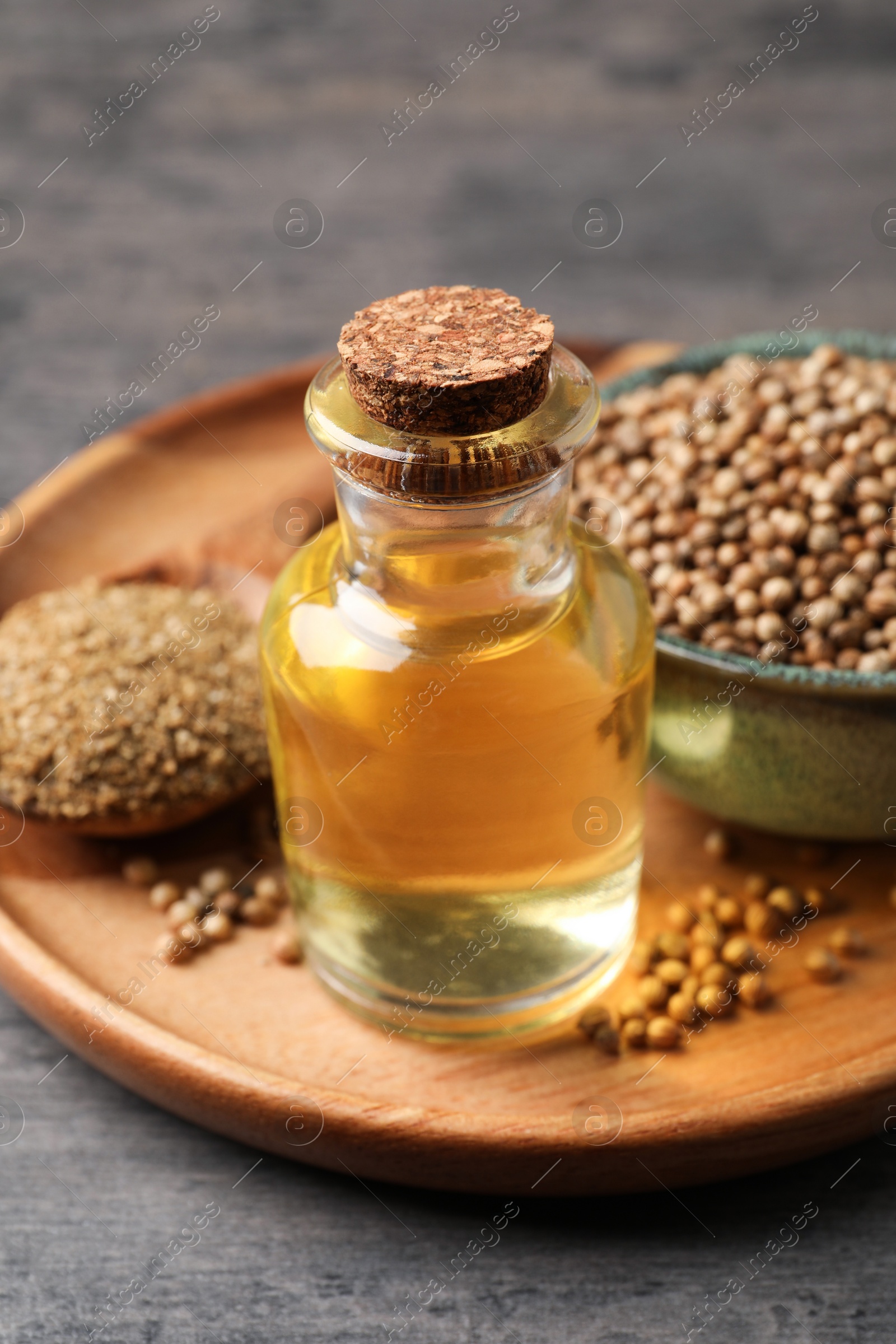 Photo of Coriander essential oil, seeds and powder on grey table