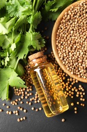 Photo of Coriander essential oil, seeds and green leaves on black table, top view