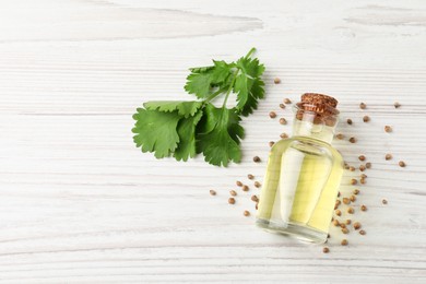 Coriander essential oil, seeds and green leaves on wooden table, top view. Space for text