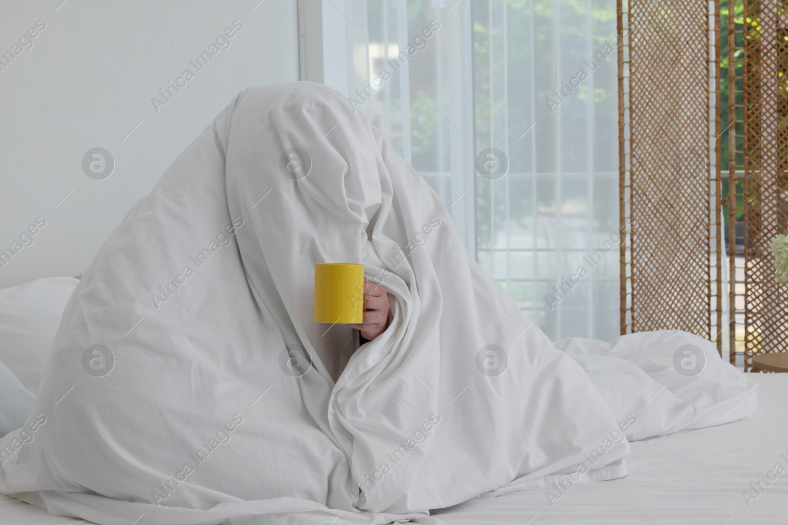 Photo of Bedtime. Woman wrapped in blanket holding cup of drink on bed indoors