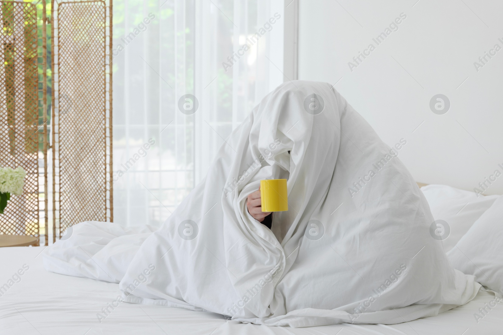 Photo of Bedtime. Woman wrapped in blanket holding cup of drink on bed indoors