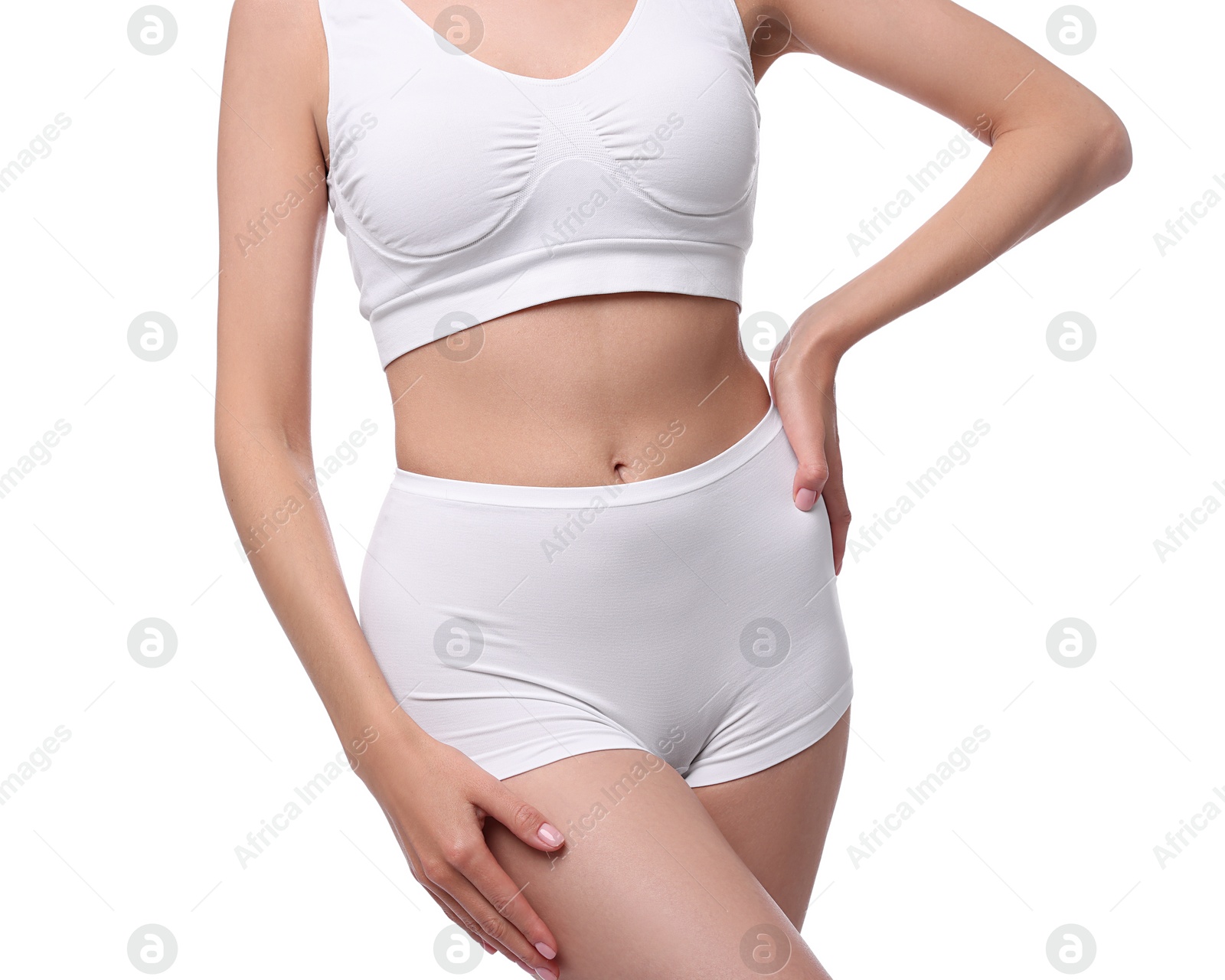 Photo of Diet and weight loss concept. Woman with slim body against white background, closeup