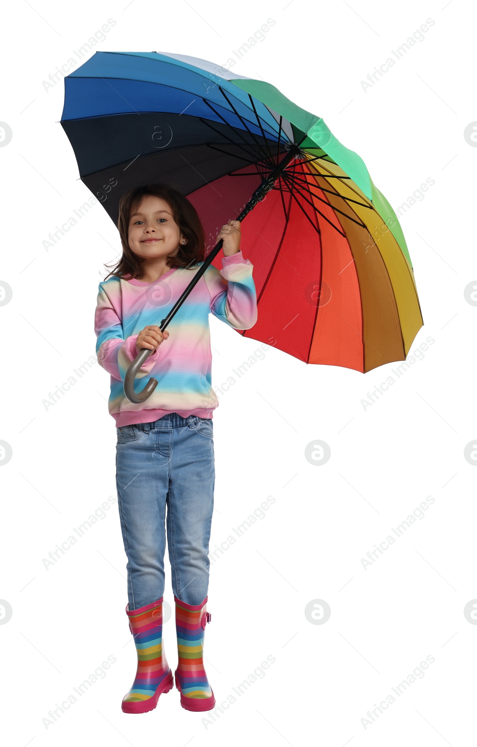 Photo of Cute little girl with colorful umbrella on white background