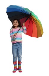 Cute little girl with colorful umbrella on white background