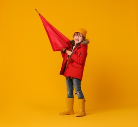 Photo of Little boy with red umbrella on orange background