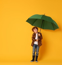 Little boy with green umbrella on orange background, space for text