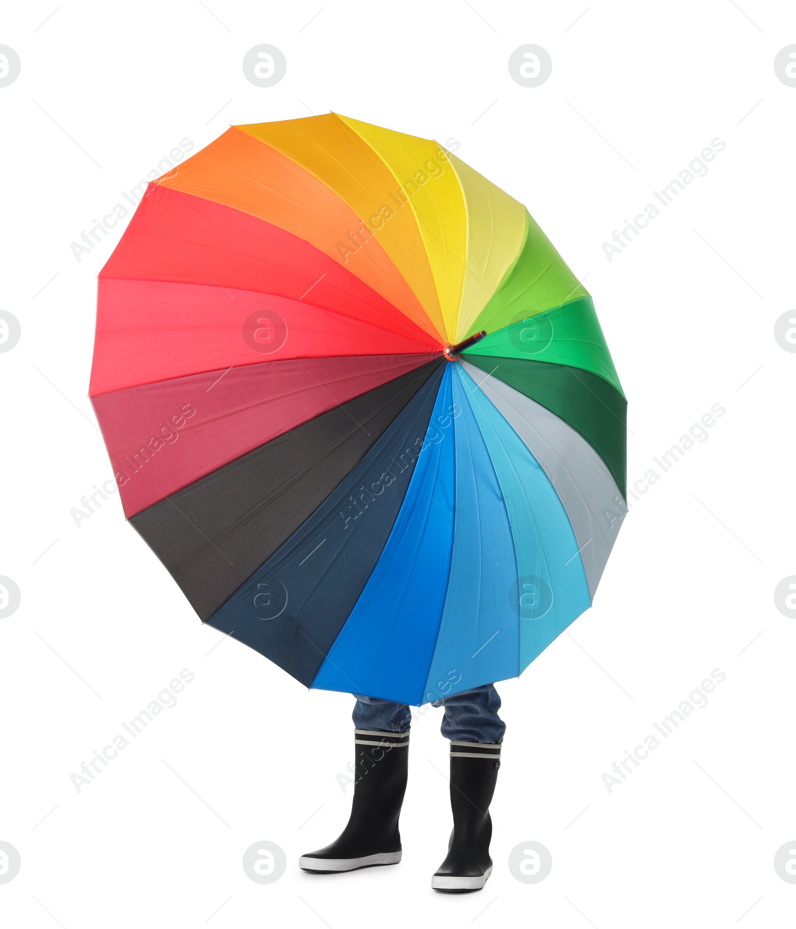 Photo of Little boy with rainbow umbrella on white background