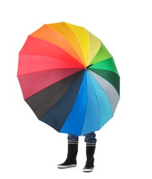 Photo of Little boy with rainbow umbrella on white background