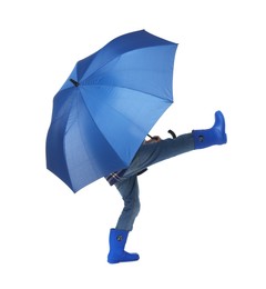 Photo of Little boy with blue umbrella on white background