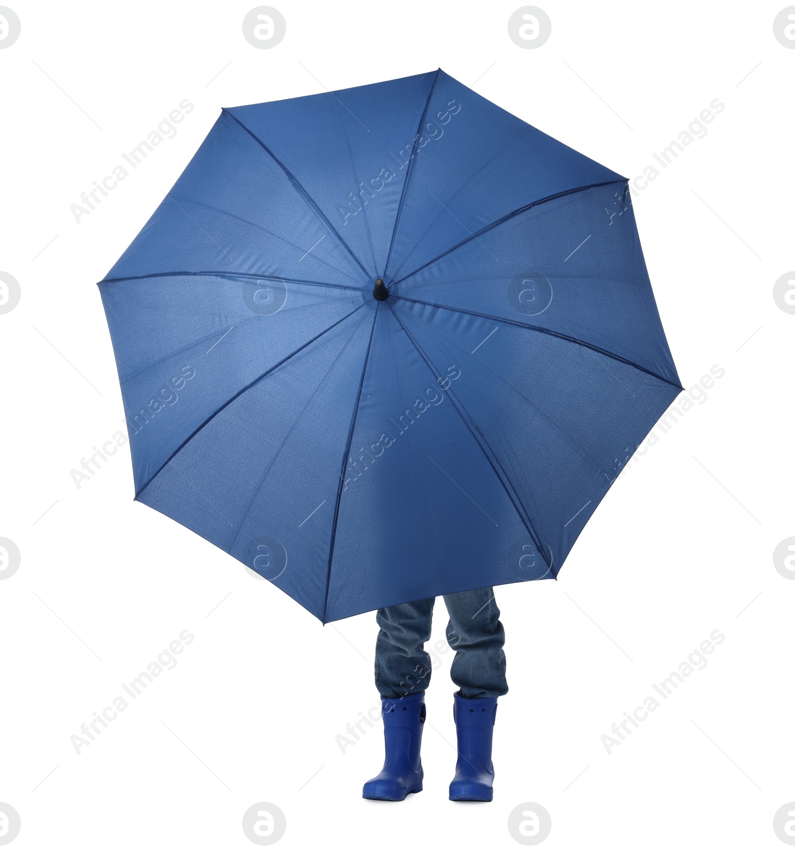 Photo of Little boy with blue umbrella on white background