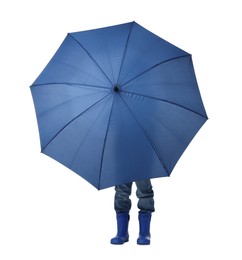 Little boy with blue umbrella on white background