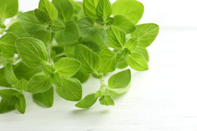 Photo of Sprigs of fresh green oregano on white wooden table, closeup