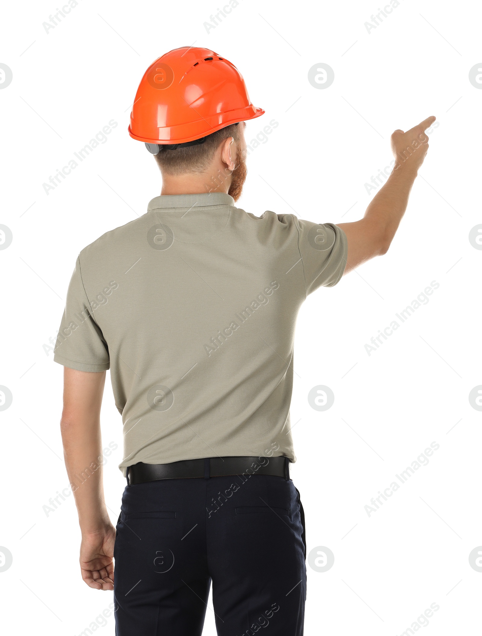 Photo of Engineer in hard hat pointing at something on white background, back view