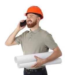 Photo of Engineer in hard hat with drafts talking on smartphone against white background