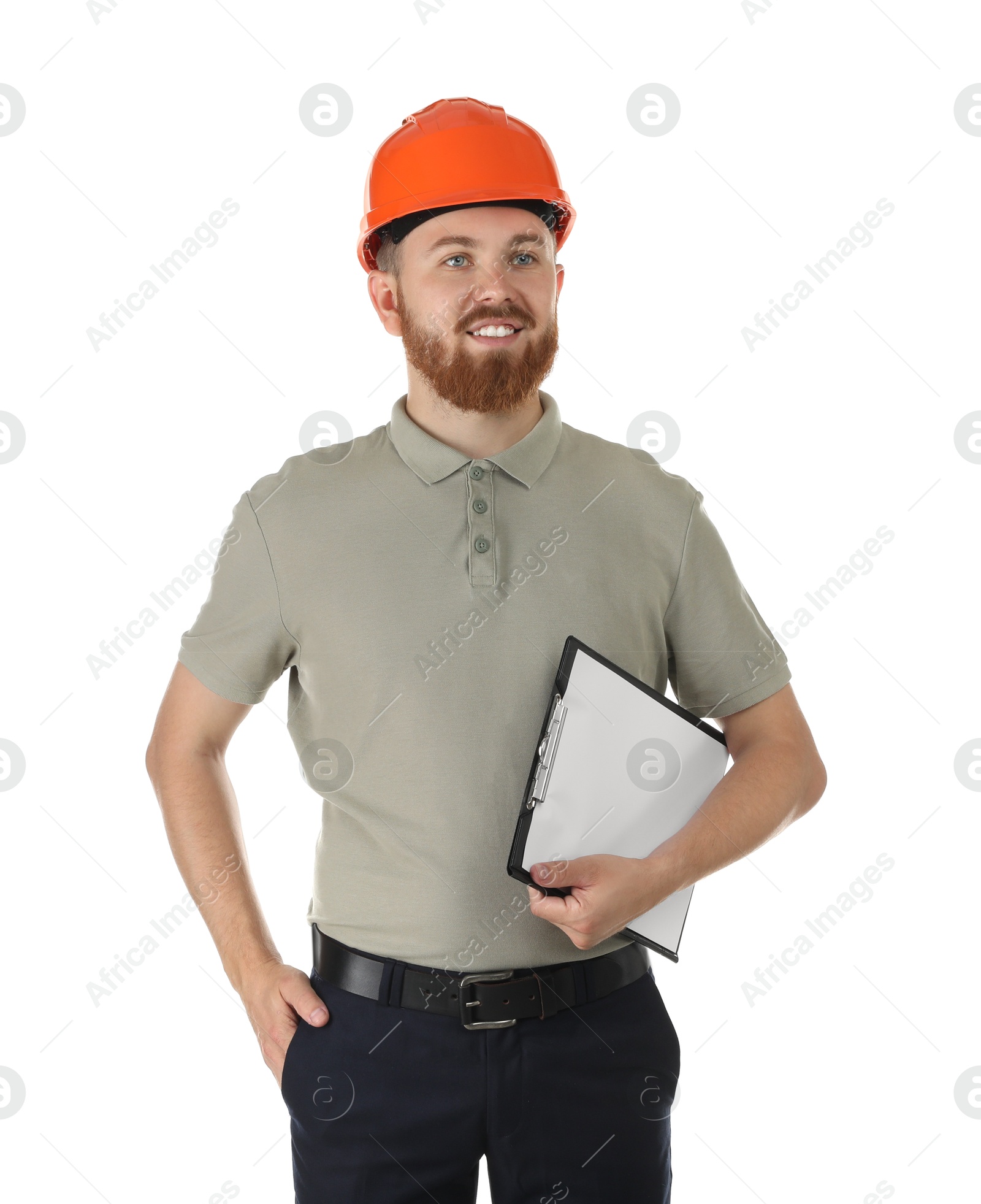 Photo of Engineer in hard hat with clipboard on white background