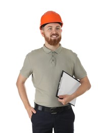 Photo of Engineer in hard hat with clipboard on white background