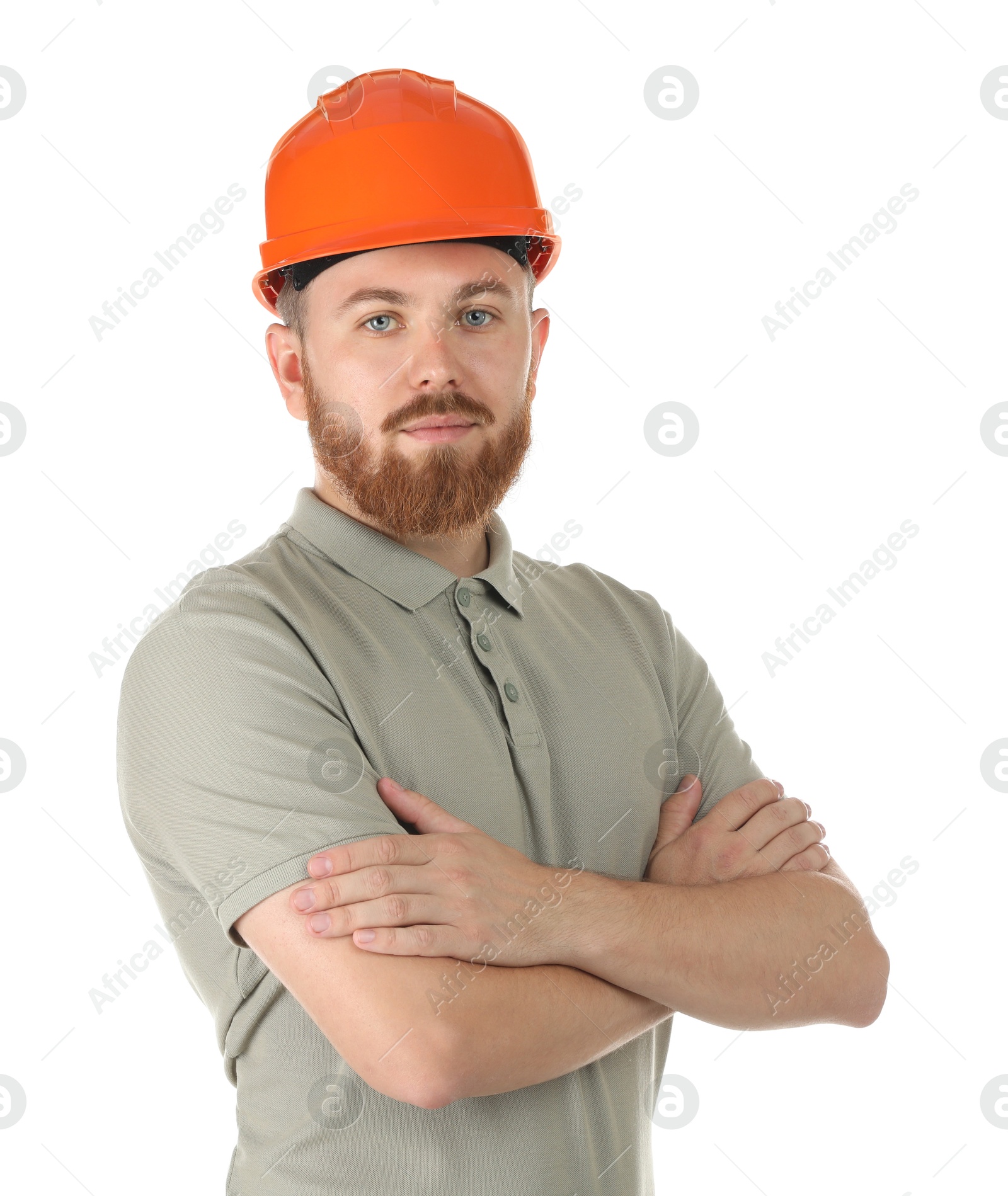 Photo of Engineer in hard hat on white background