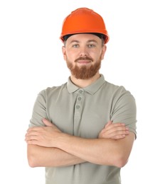 Engineer in hard hat on white background