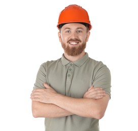 Photo of Engineer in hard hat on white background