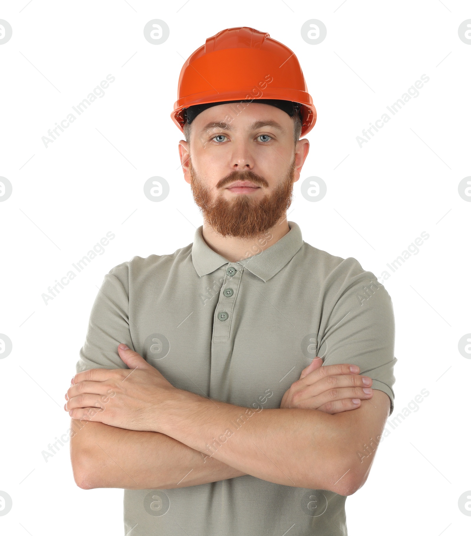 Photo of Engineer in hard hat on white background