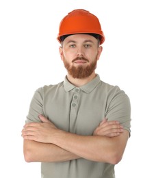 Photo of Engineer in hard hat on white background