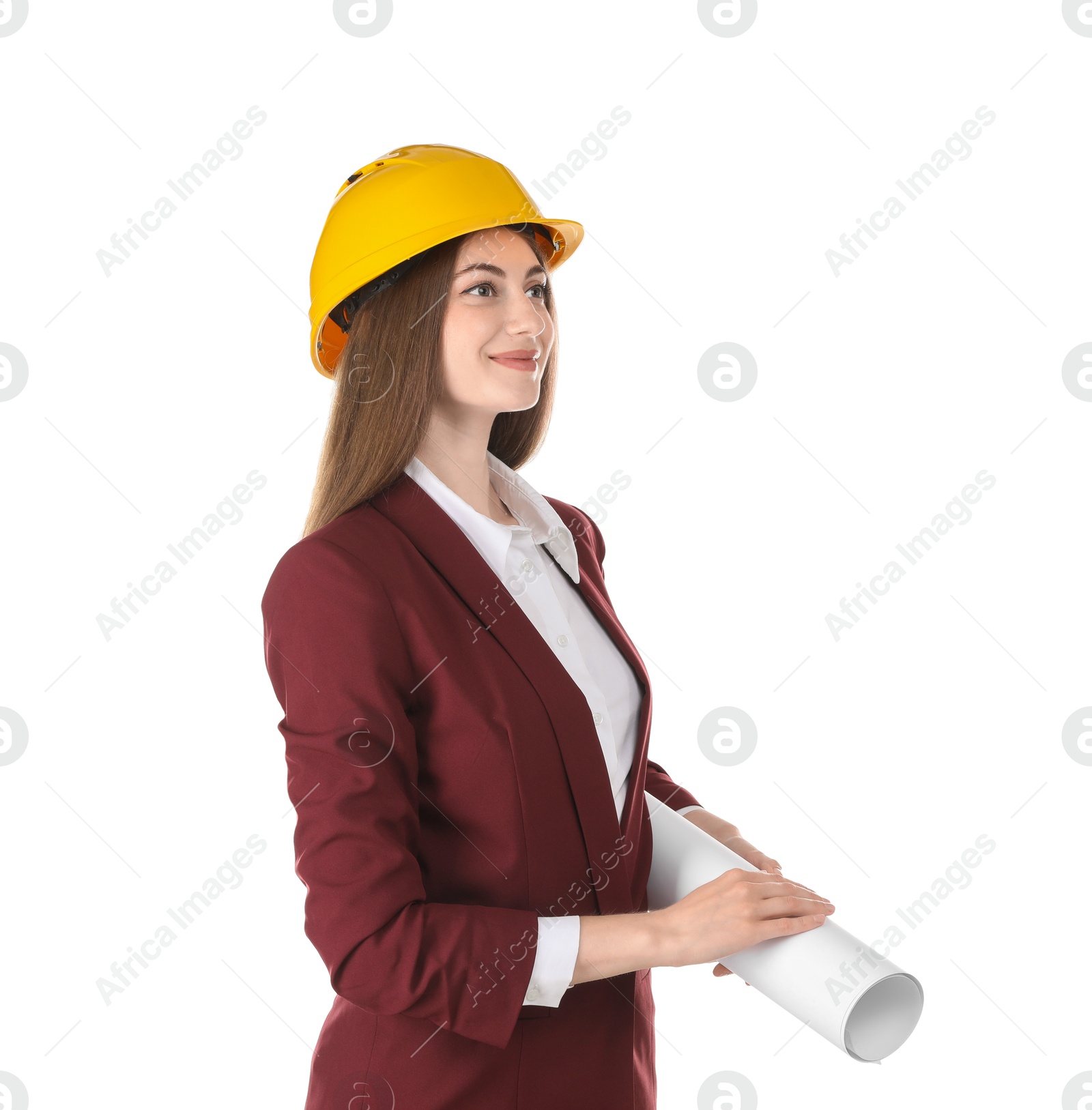 Photo of Engineer in hard hat with draft on white background