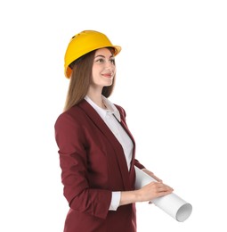 Engineer in hard hat with draft on white background