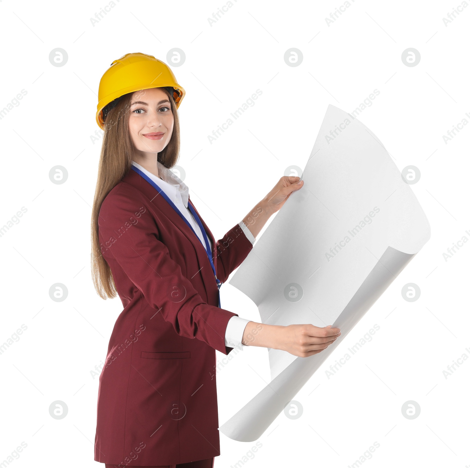 Photo of Engineer in hard hat with draft on white background