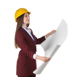 Engineer in hard hat with draft on white background