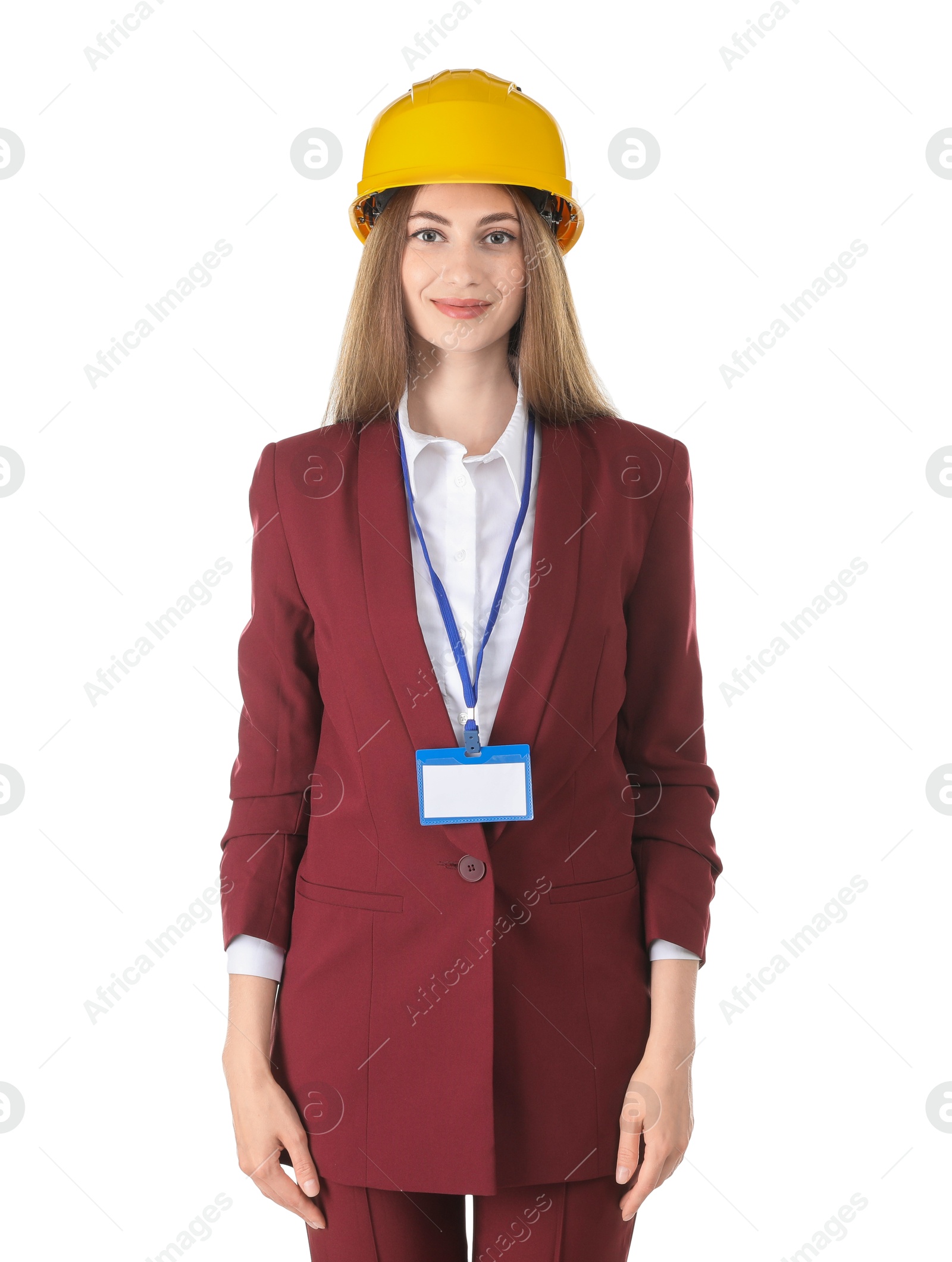 Photo of Engineer in hard hat on white background