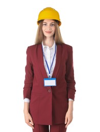 Photo of Engineer in hard hat on white background