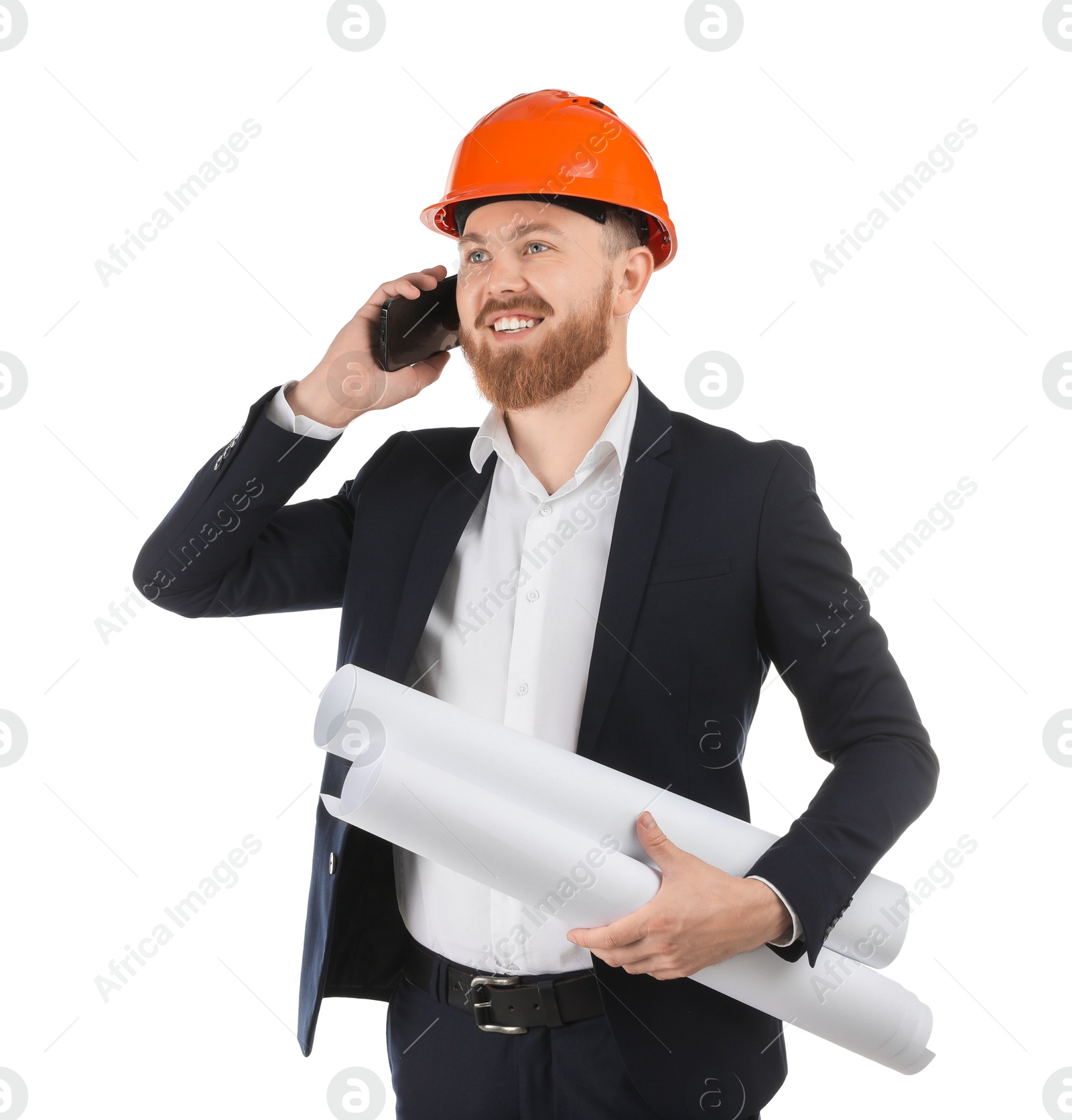 Photo of Engineer in hard hat with drafts talking on smartphone against white background