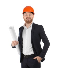 Photo of Engineer in hard hat with draft on white background