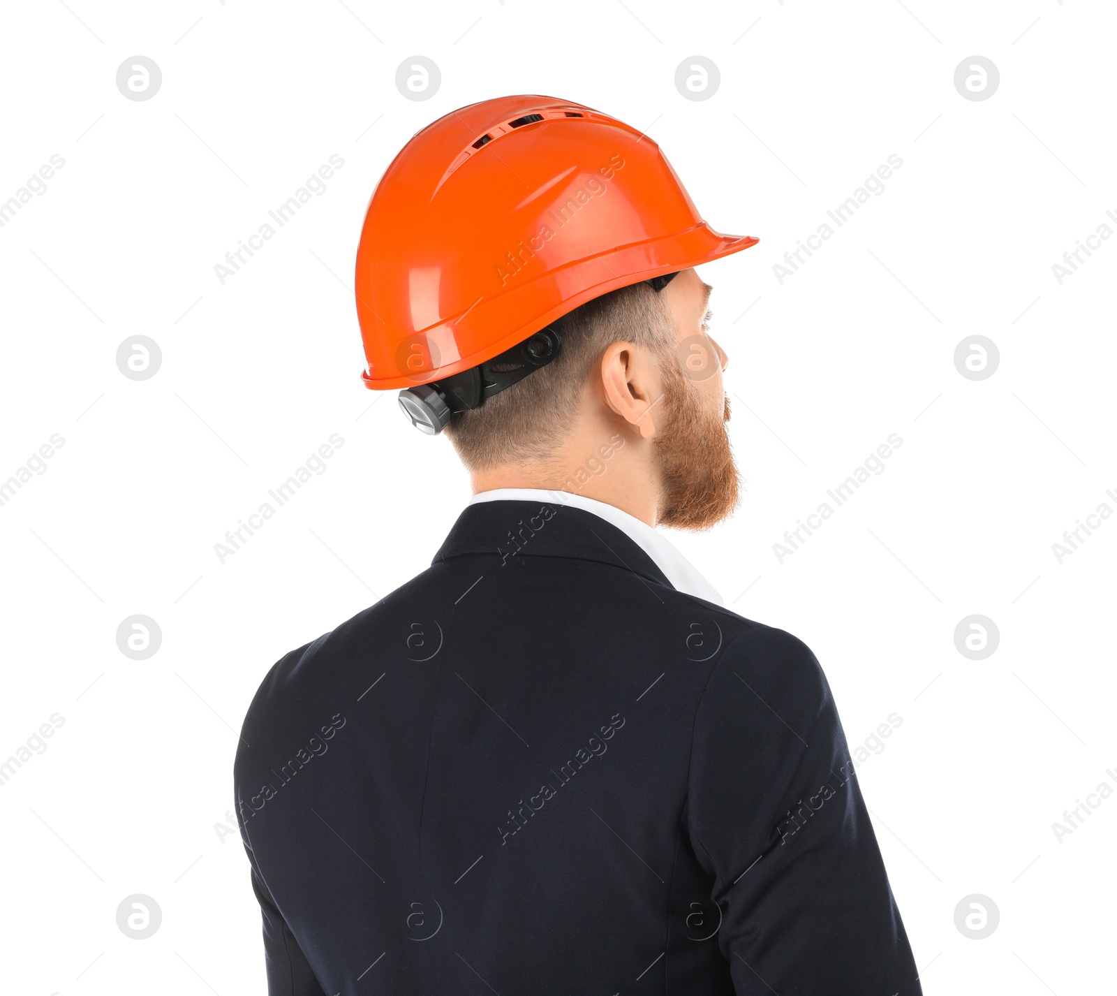 Photo of Engineer in hard hat on white background