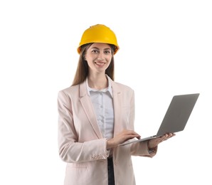 Photo of Engineer in hard hat with laptop on white background