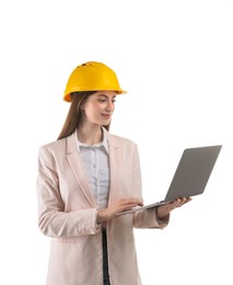 Photo of Engineer in hard hat with laptop on white background