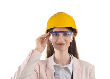 Photo of Engineer in hard hat and goggles on white background