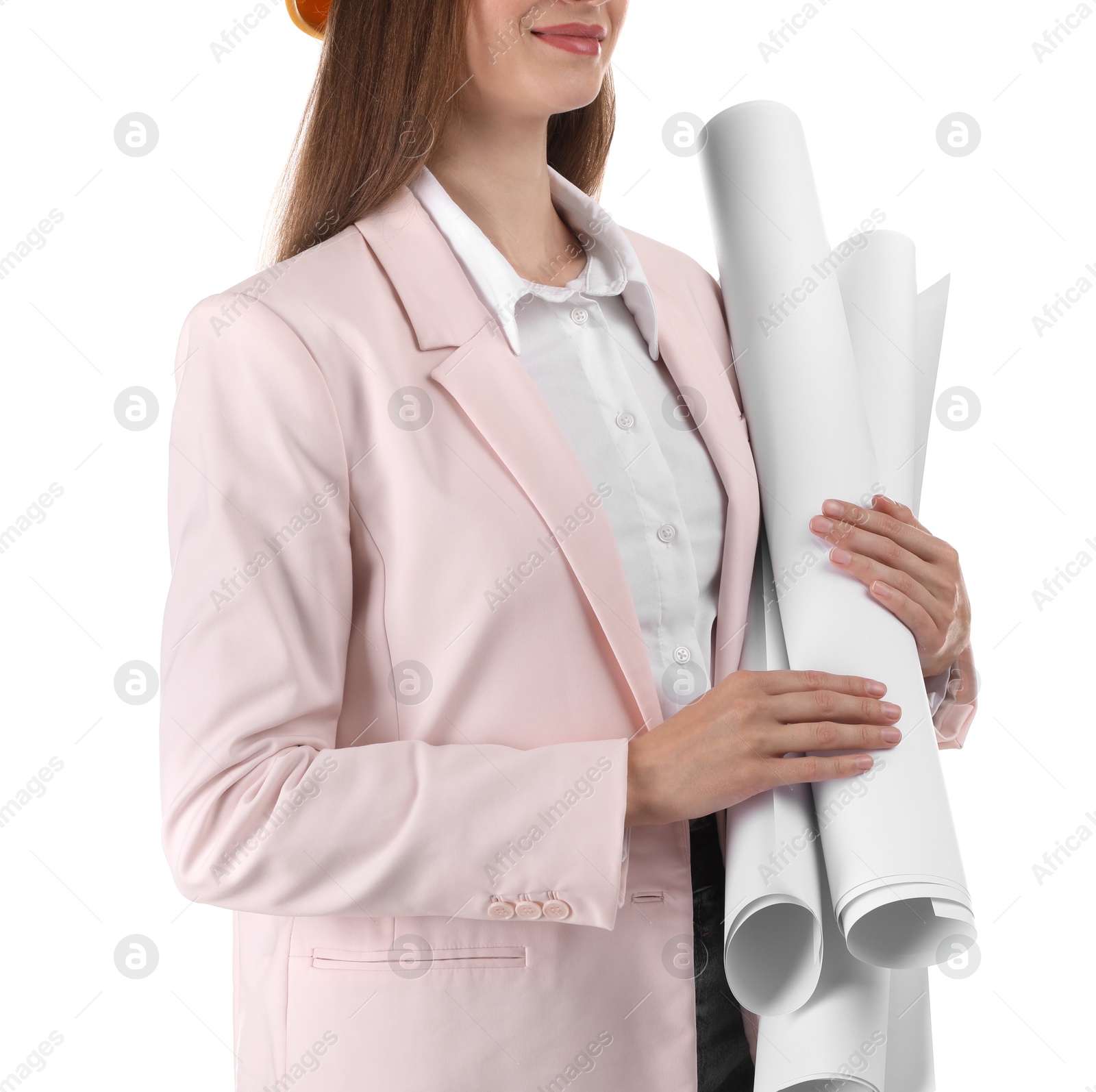 Photo of Engineer with drafts on white background, closeup