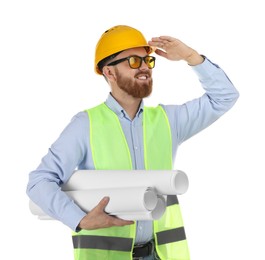 Engineer in hard hat and protective glasses with drafts on white background