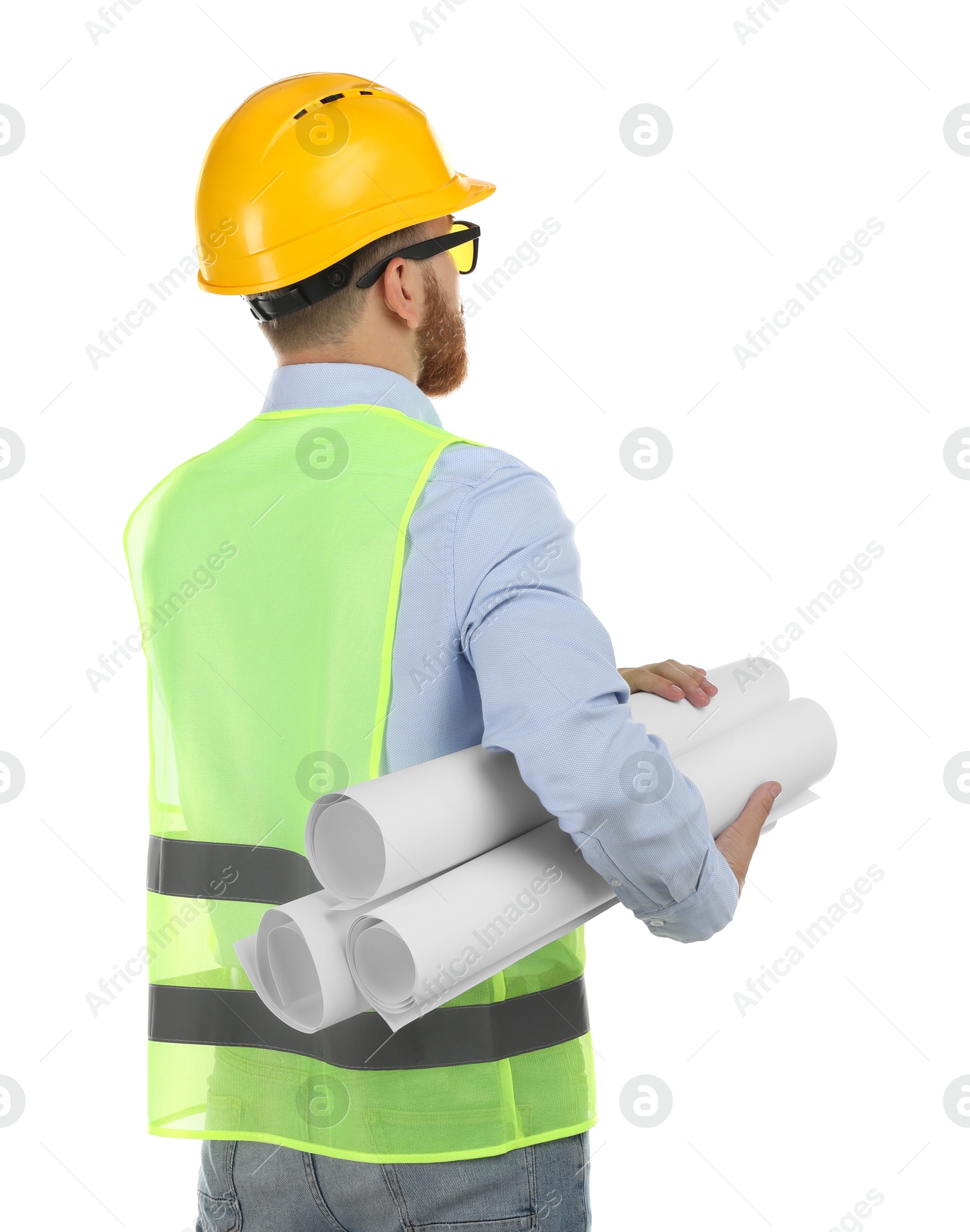 Photo of Engineer in hard hat with drafts on white background