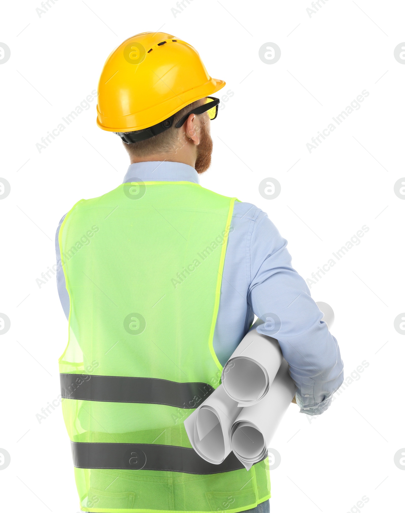 Photo of Engineer in hard hat with drafts on white background