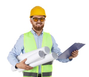 Photo of Engineer in hard hat with clipboard and drafts on white background