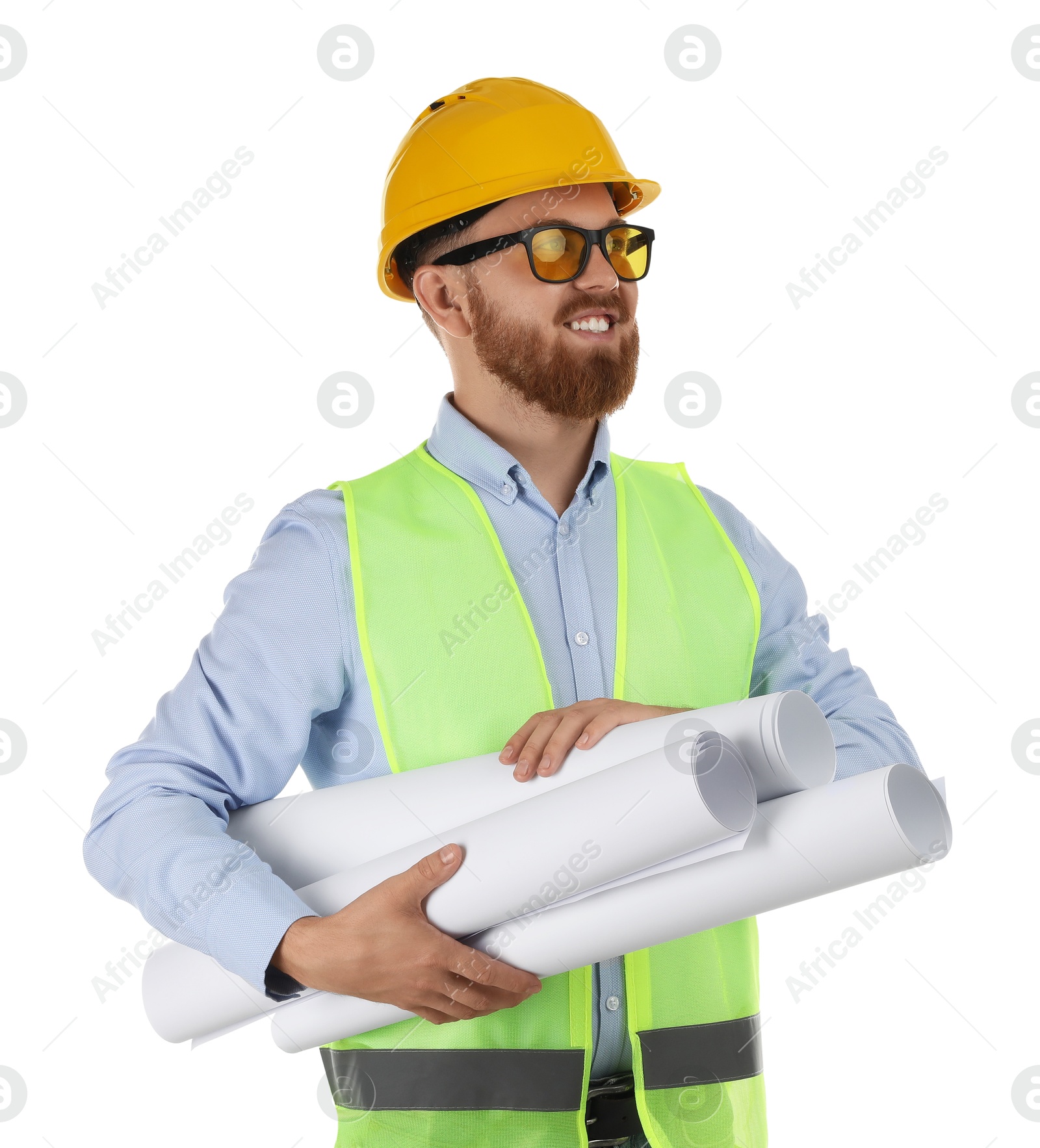 Photo of Engineer in hard hat and protective glasses with drafts on white background