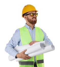 Photo of Engineer in hard hat and protective glasses with drafts on white background