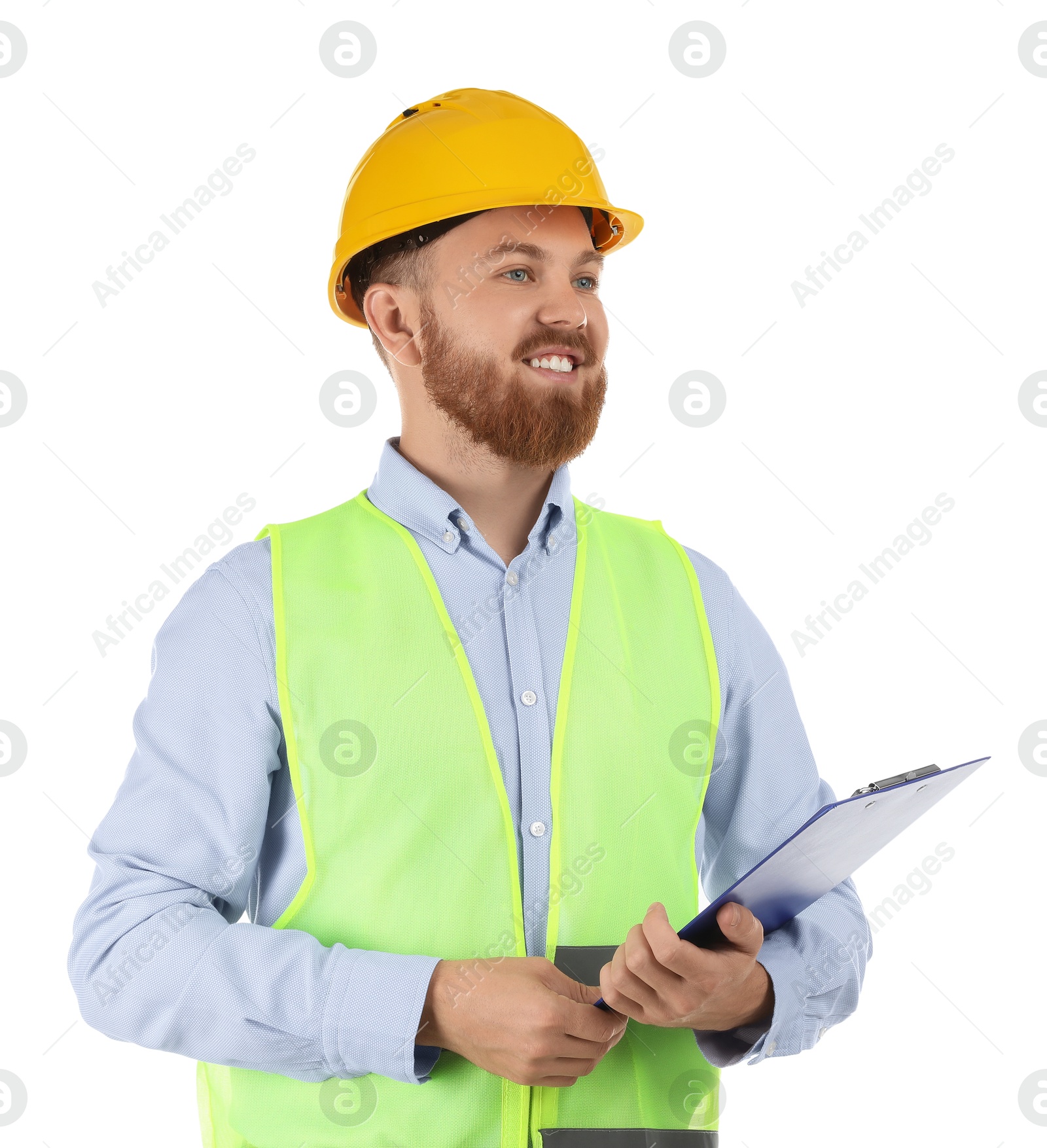 Photo of Engineer in hard hat with clipboard on white background