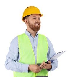 Photo of Engineer in hard hat with clipboard on white background