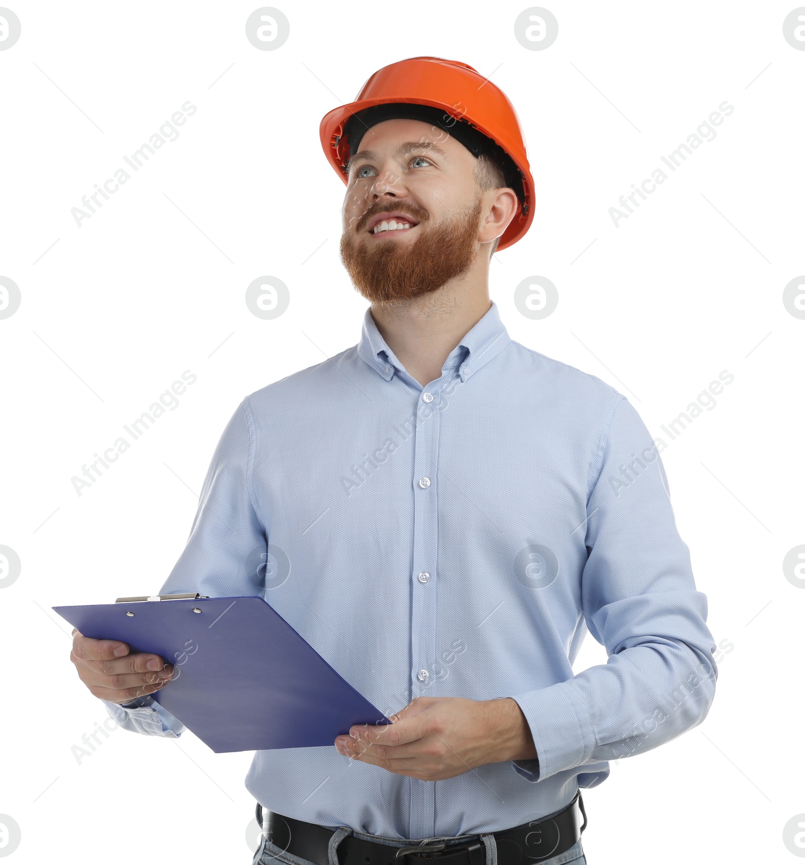 Photo of Engineer in hard hat with clipboard on white background