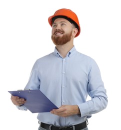 Photo of Engineer in hard hat with clipboard on white background