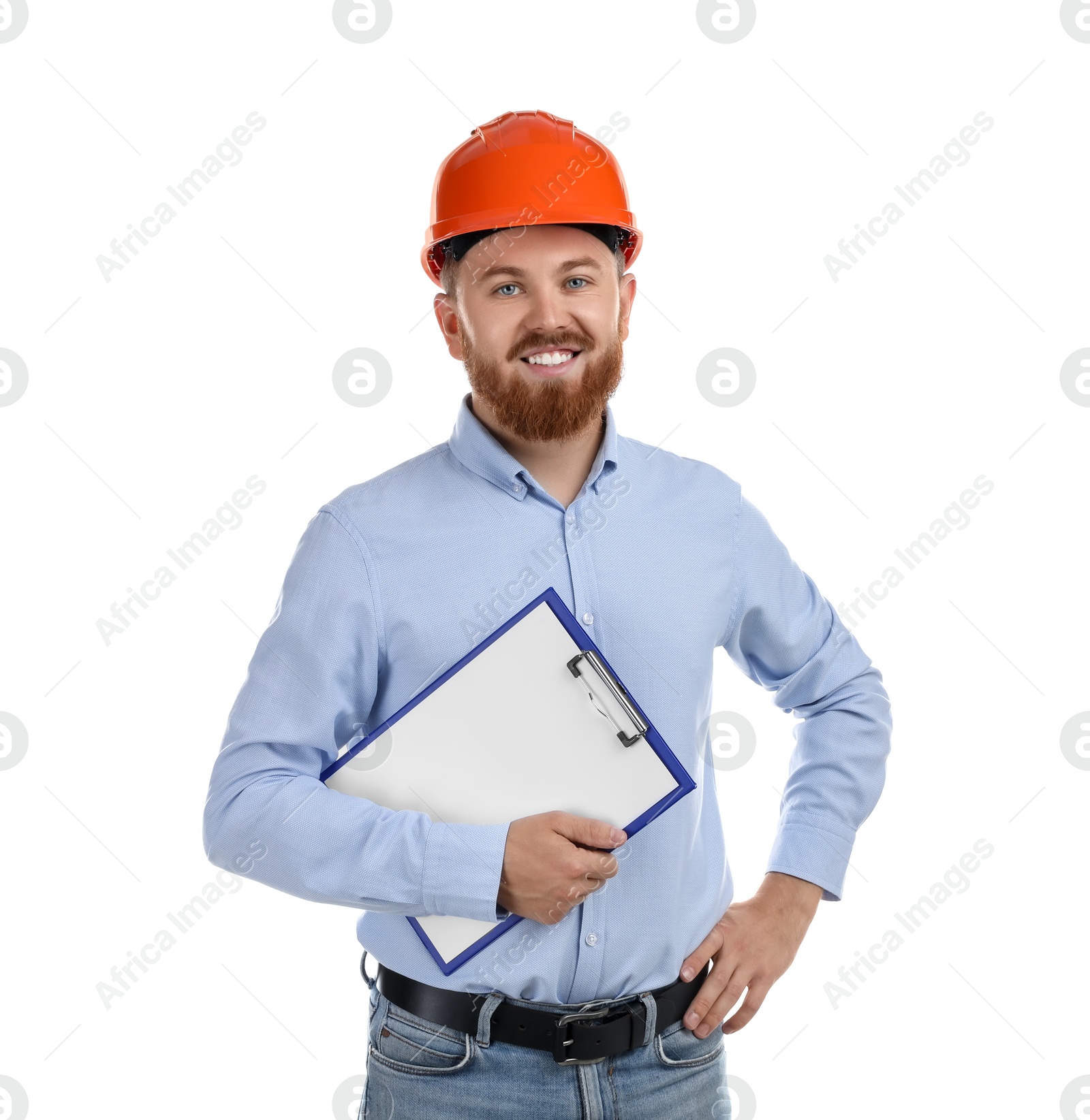 Photo of Engineer in hard hat with clipboard on white background